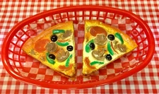 Faux Fake Play Food Lot  2 PIZZA Slices Basket Deli Display Stage Movie PROPS