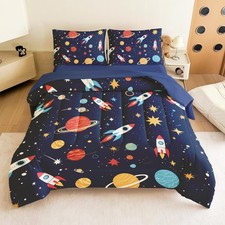 Boys Full Size Space Bedding Set - 5 Piece Rocket Planet Comforter with Dee...