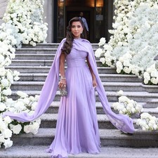 Purple Chiffon Evening Dress O Neck A Line Prom Dress Flowing Prom Party Dress