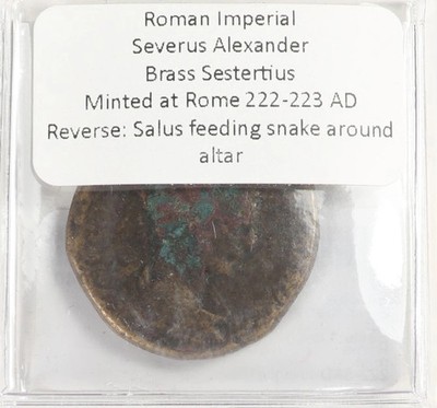 Severus Alexander AE Sestertius Rome mint 222-3AD Salus feeding snake rx.