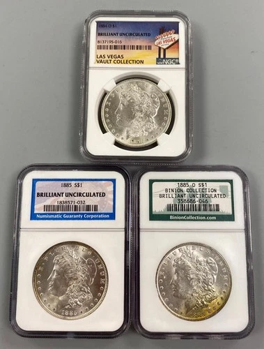 3 NGC Brilliant Uncirculated US Morgan Silver $1 1884-O 1885p 1885-O Binion 220