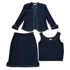 ST JOHN EVENING Navy Textured Knit Jacket Skirt Top 3 Piece Set Womens Size 8
