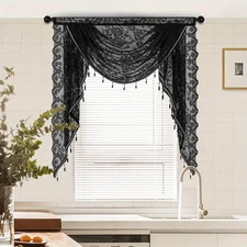 Black Sheer Lace Waterfall Window Valance with Bead Tassels Floral Embroidere...