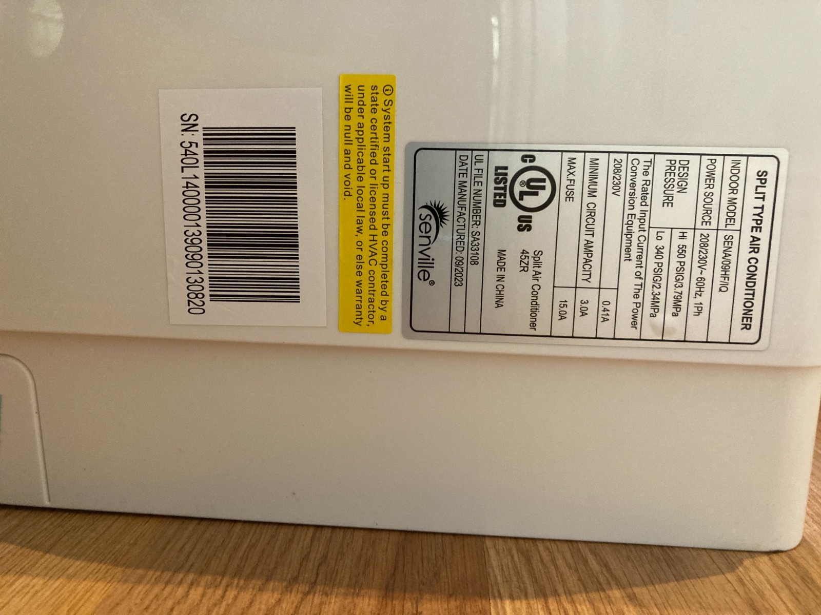 Unused Senville Minisplit Indoor Unit Aura Series 9000 BTU w/ 16' Lineset