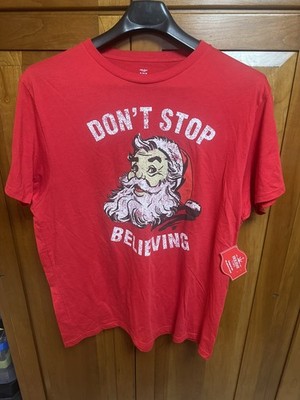 Christmas Holiday Don't Stop Believing Santa Claus T-Shirt Mens XL 44-46 Red New