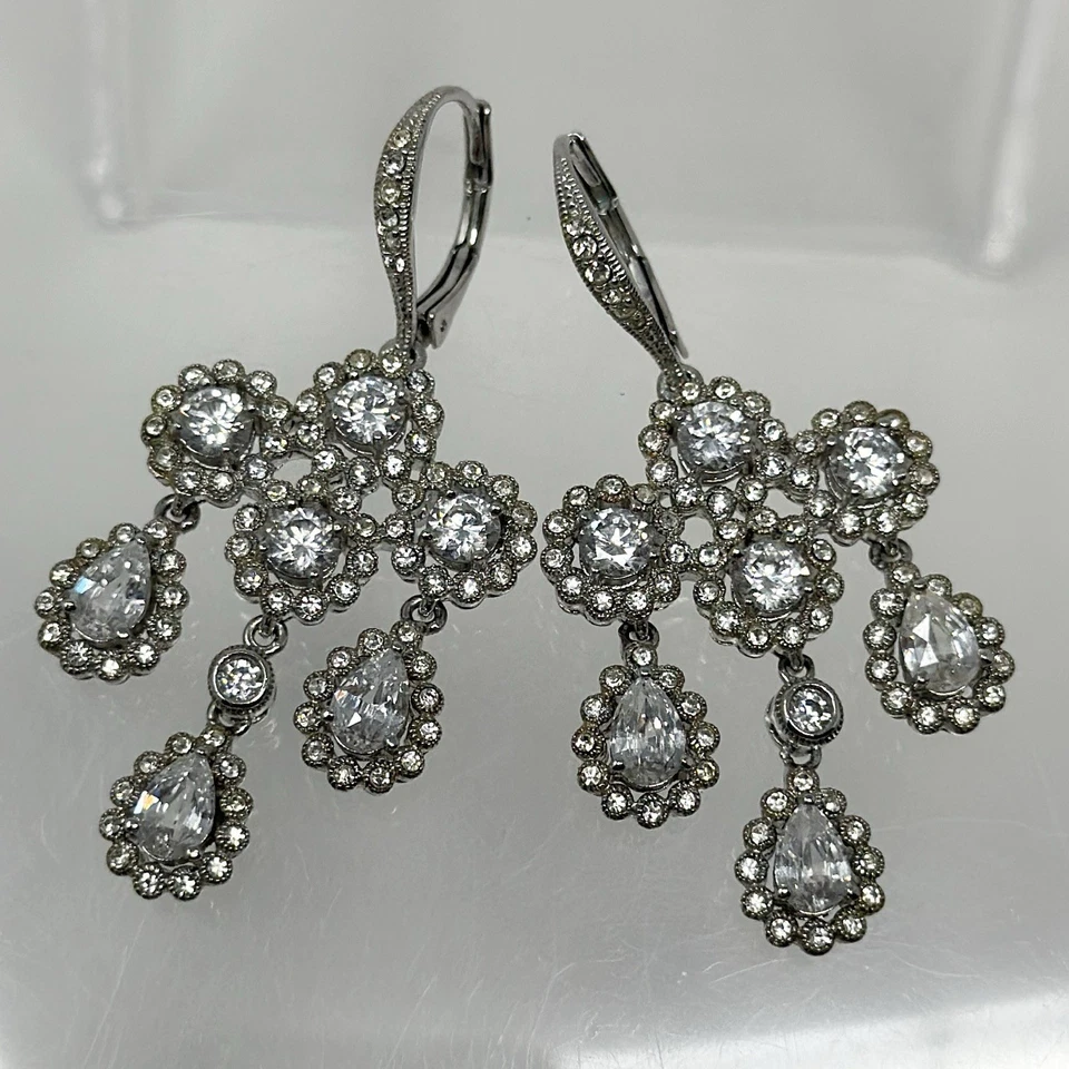 Nadri Chandelier Drop Earrings Crystal Pave Silver Tone 1.8” Elegant - Image 3 of 4