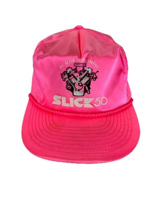Vintage Retro Pink Satin Hat Rope Cap 1980s Slick 50 Drag Racing NASCAR Engine