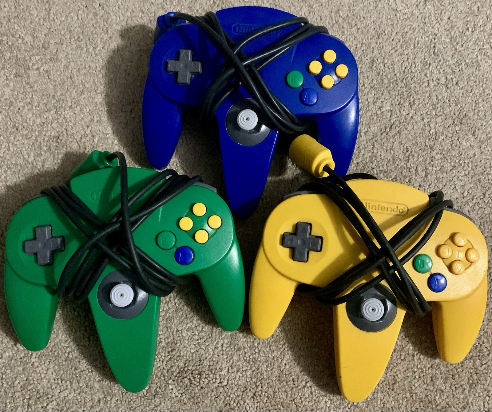 3 Nintendo 64 N64 Controllers OEM Authentic - Blue Green Yellow Tight Sticks