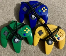 3 Nintendo 64 N64 Controllers OEM Authentic - Blue Green Yellow Tight Sticks