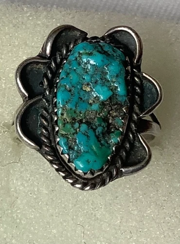 VINTAGE 1960s NAVAJO NATURAL BISBEE TURQUOISE STERLING SILVER RING SIZE 7