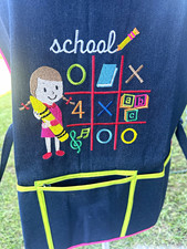 Black Denim Embroidered Teacher School Apron w/ Pockets, Side Ties, Trim