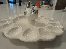 Ceramic Chicken Hen Deviled Egg Platter Centerpiece Farmhouse Style 16 slots