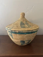 Handmade Yupik Lidded Coil Grass Basket Green Dyed Geometric Accent Designs 8"