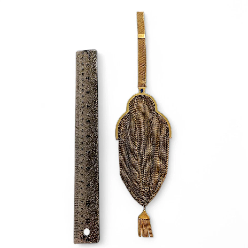 Cota de malla antigua Art Deco chapada en oro de 5kt de 1920 con cierre de zafiro azul Foto 3 de 4