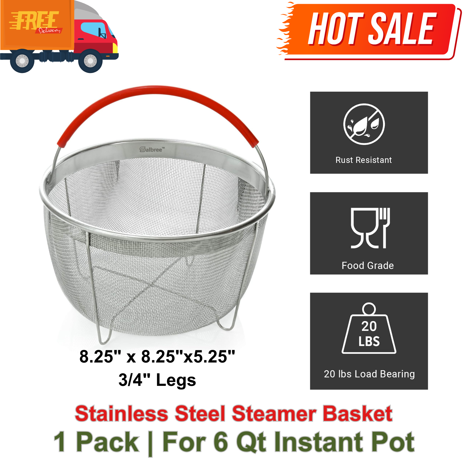 Stainless Steel Steamer Basket for 6Qt Instant, Pressure Cooker, Silicone Handle-image