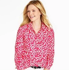 $69.50 TALBOTS PS Shirt Pink Elephant Print Top Blouse Button Roll-Tab Cotton