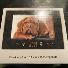 Dog Puppy Lover's Picture Frame "WOOF" Black Lacquer Wood 4" x 6" With   