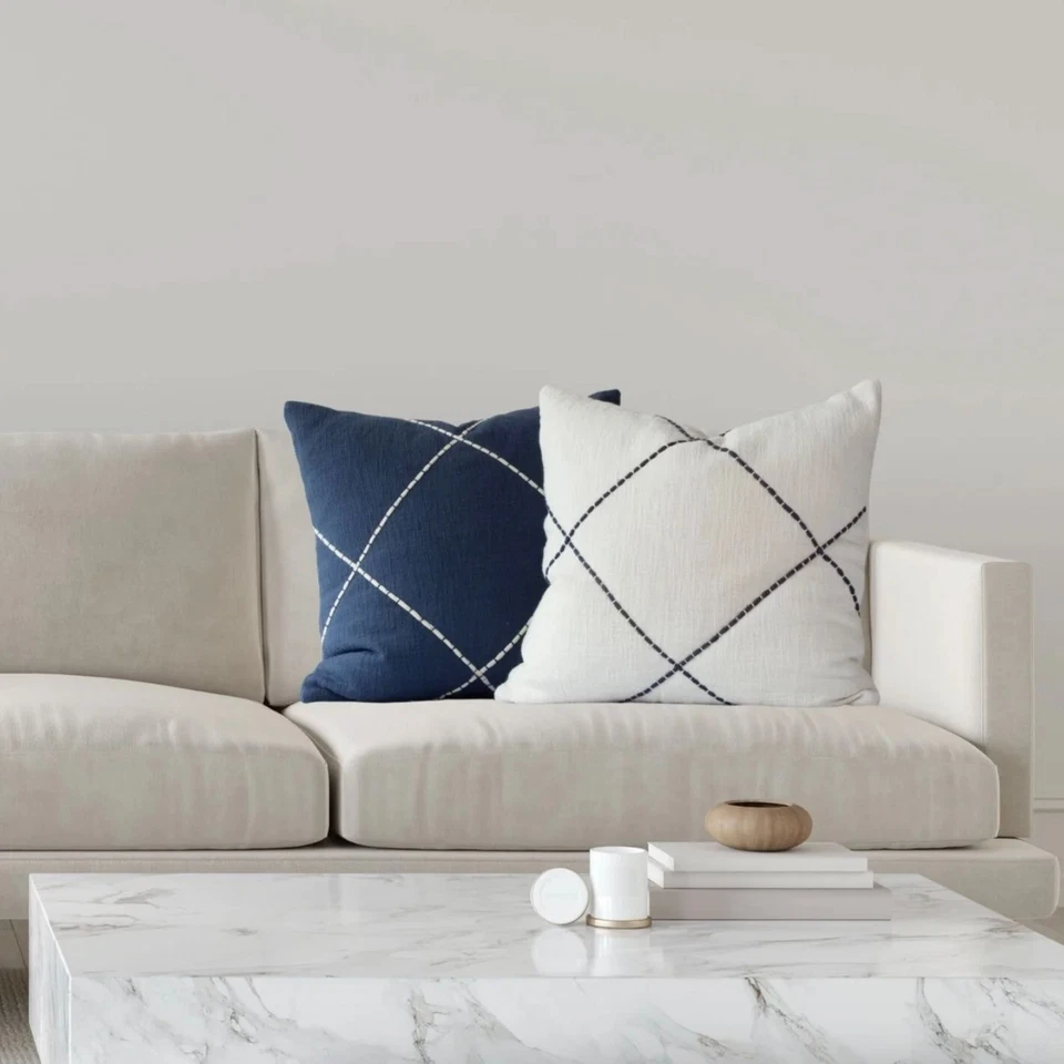 NEW! Navy Criss Cross Embroidered Pillow Cover 22" Sq. Crisp Cotton Texture - Image 2 of 3