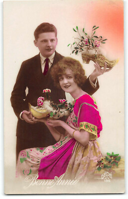 Real Photo-Studio-French Tinted-Bonne Annee-Couple-Dutch Clog-Shoes-Postcard