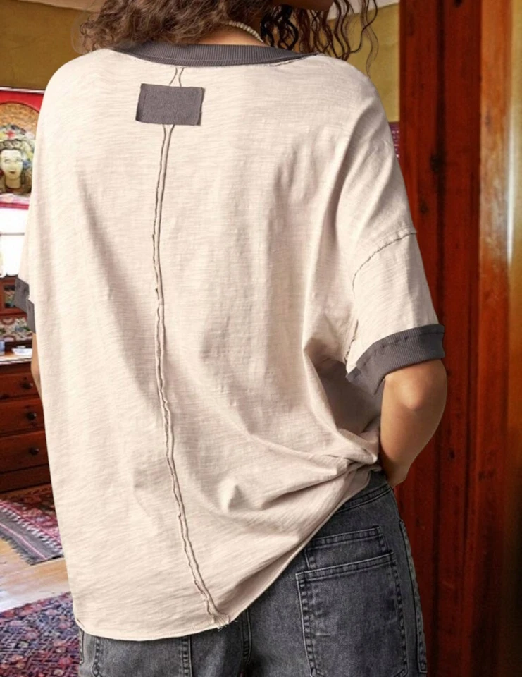 Free People 米色/黑色花朵拼布波西米亚 T 恤棉衬衫上衣 Xl  — 第 4/4 张图片