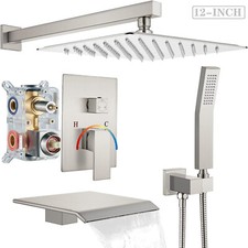 Brushed Nickel 12'' Shower Head Rain Mixer Shower Faucet Set Waterfall Tub Spout