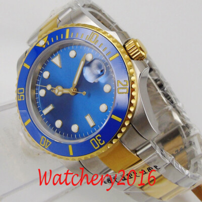 Gold Plated Automatic Men's Watch 40mm NH35A Sapphire Crystal Blue Dial Date