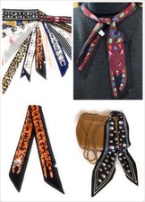 90cm Long Reversible Skinny Scarf Faux Silk Head Scarves Bag Charm Bow Bandana