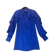 FARM RIO Mini Dress Womens Medium Bright Blue Open Back Ruffled Long Sleeve