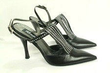 Vero Cuoio Womens Shoes Black Leather Crystal Size 37 Italy Retail 760