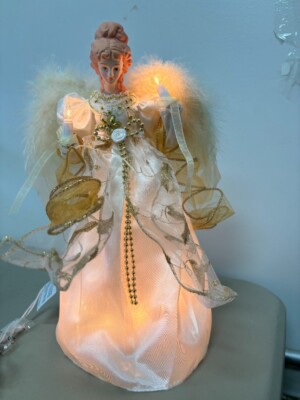 Vickerman 12'' White & Gold Lighted Angel Tree Topper Clear USED