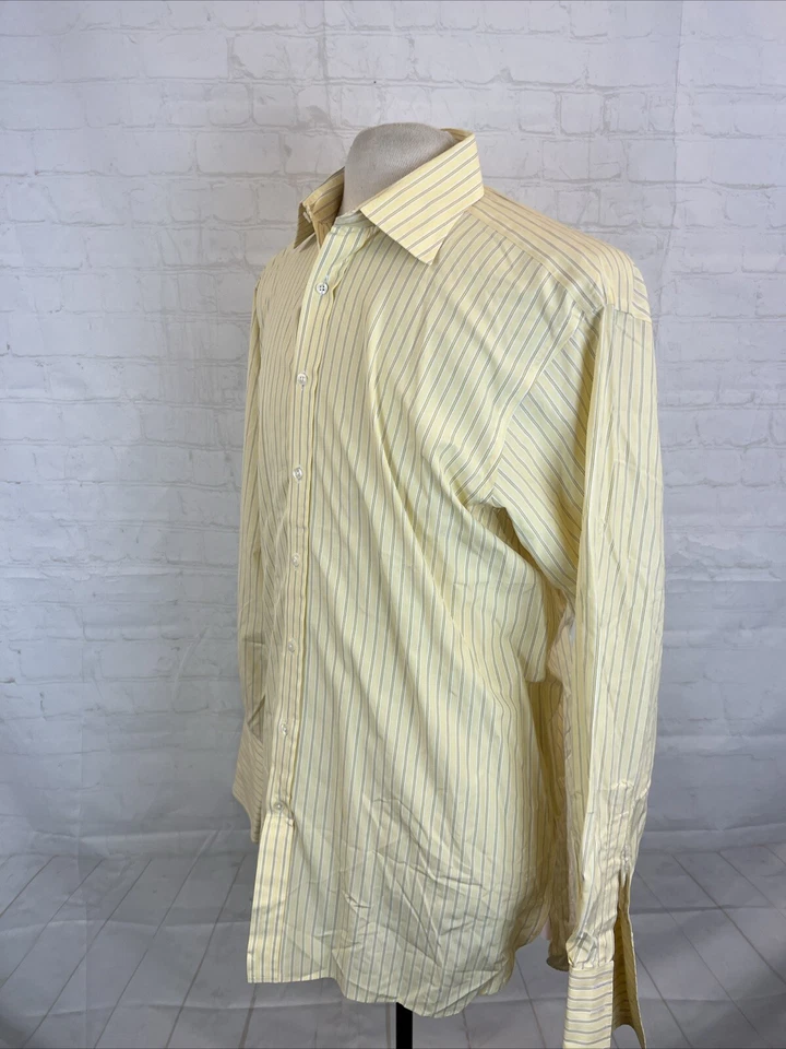 Camisa de vestir Thomas rosa de algodón a rayas amarillas para hombre 16-34 $178 Foto 3 de 4