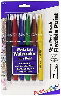PENTEL ARTS Sign Pen with Brush Tip, Assorted Colors, Pack of 6 