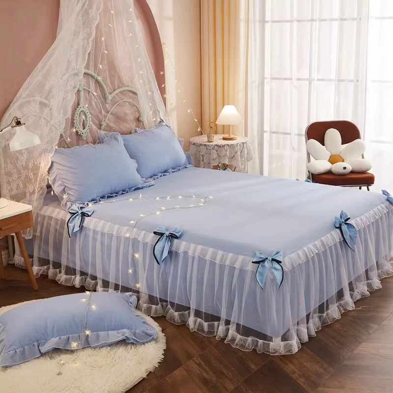 Falda de cama con moño de malla colcha con volantes sábana polvo caída profunda decoración de habitación de hadas Foto 2 de 4