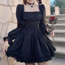 Long Sleeves Dress Sleeve High Waist Trim Party Gothic Clothes Dress Woman