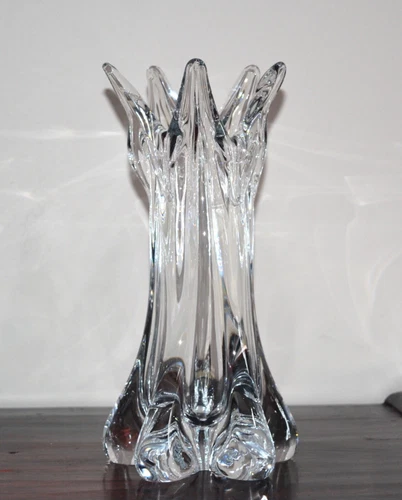 1950s Murano Vase Ribbed Swung Art Glass Stretch Vase Crystal Clear