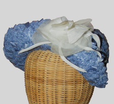 40s Hat Cloche Blue Cellophane Straw UpTurn Brim White Flower Front Asymmetrical