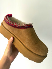 Women's Brown Suede Clog Slippers Faux Fur Lined Slip-On EU 40 US 9 Red