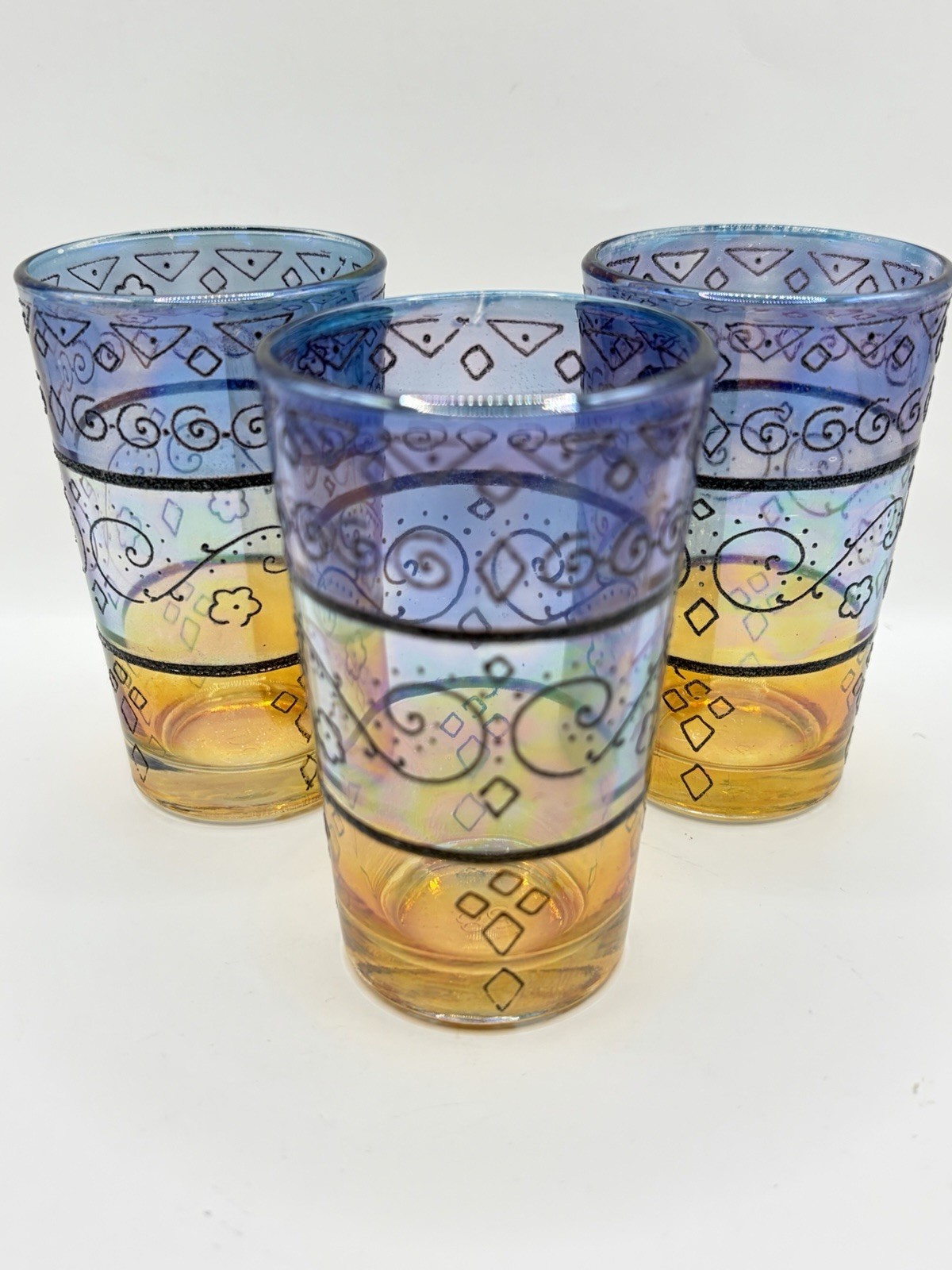 Set Of Three Colorful Moroccan Tea Glasses With Henna Pattern 3.5 In Tall