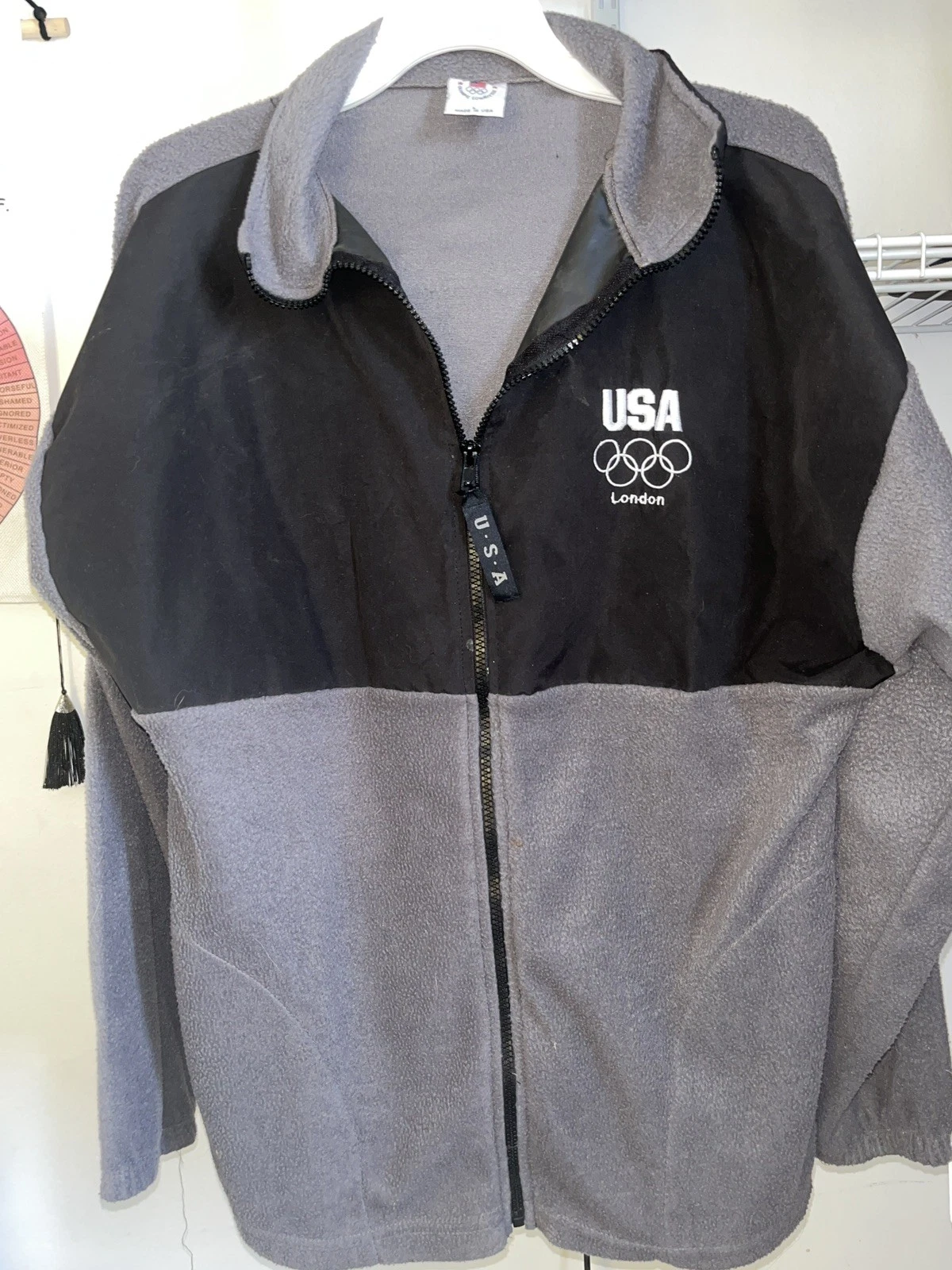 USA Fleece Jacket London Summer Olympics XL Gray Black Full Zip Front Made USA