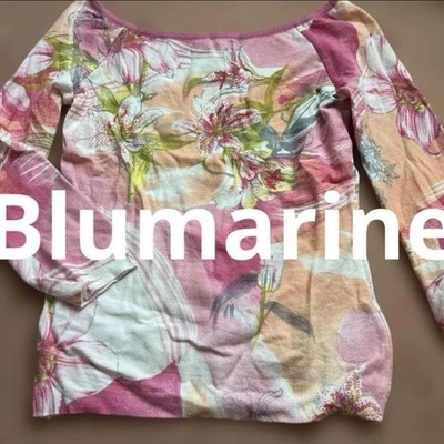 BLUMARINE Pink Floral Pattern Knit Top Long Sleeve Flower Graphic Boat Neck