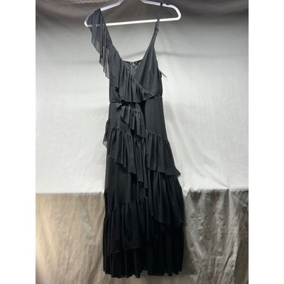 Torrid Black Mesh Asymmetric Ruffle Party Midi Dress   Size 00 (M/L 10) NWT