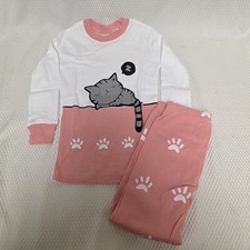 Cat Kitty Pajamas 2 Piece Girls Pink Size 3T NWT Paw Prints Pink White KikizYe