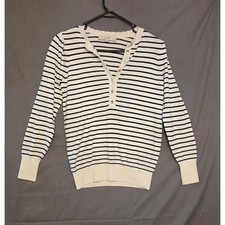 Loft Striped Half Button Front Knit Sweater Women's Size SP Black White Beach