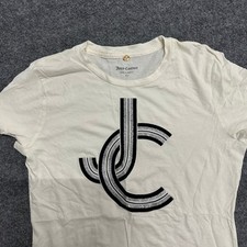 Juicy Couture T-Shirt Womens Size L Cream Glitter Logo Made in USA Slim Fit Tee