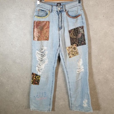 Vintage BDG Patchwork Floral Graphic Y2K Jeans Damen W28 L28 blau