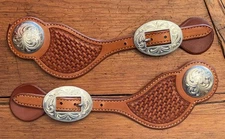 SUPERB BASKET STAMP SILVER MOUNTED LADIES COWBOY SPUR STRAPS BY TONY OF NEVADA