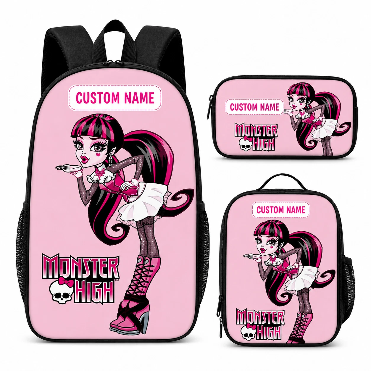 Custom Name Backpack Lunch Bag Pencil Case Set Cute Vampire Girl School Bag