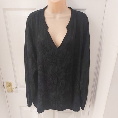M&S Black Satin Floral Leaf oversized pullover blouse tunic  uk 20 