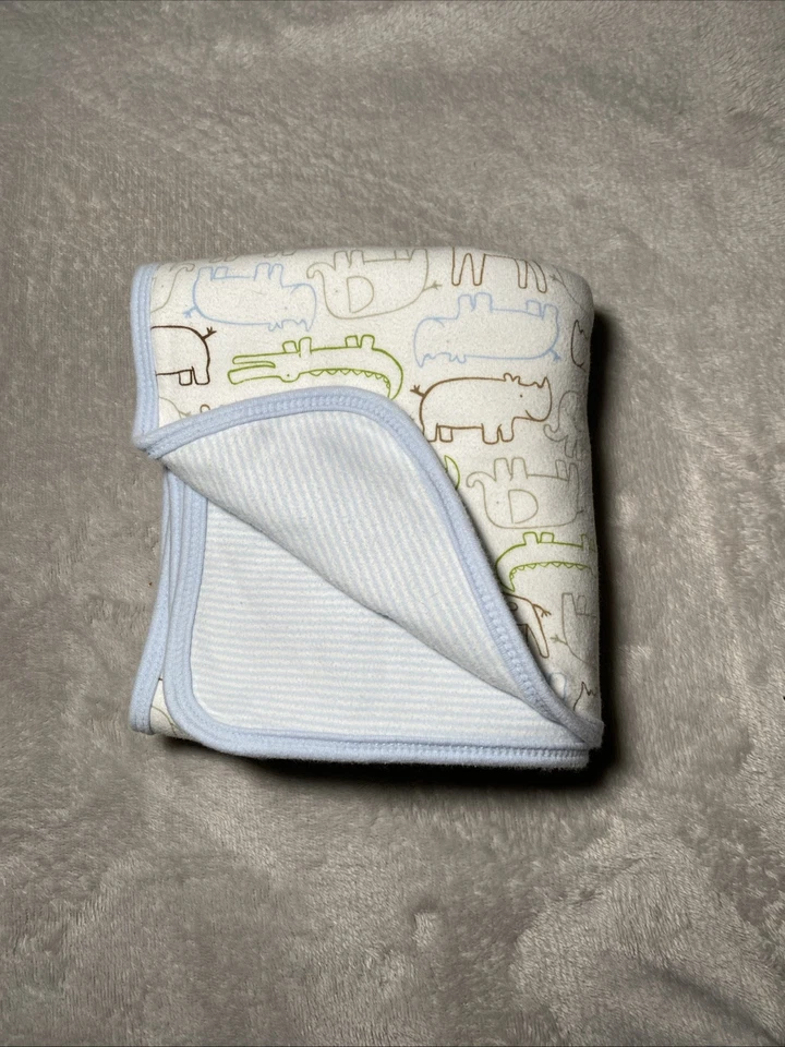 Carters Baby Blanket Zoo Safari Animals Reversible Blue Stripe Jersey Knit Lovey - Image 2 of 4