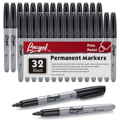 Lazgol Permanent Markers Bulk, 32 Pack Black Permanent Marker Set, Fin
